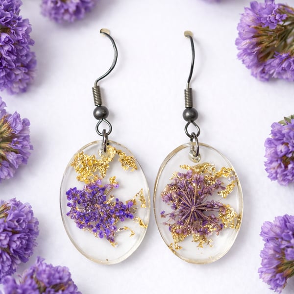 Oval Resin Flower Dangle Earrings with Purple Blooms & Gold Leaf