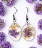 Oval Resin Flower Dangle Earrings with Purple Blooms & Gold Leaf