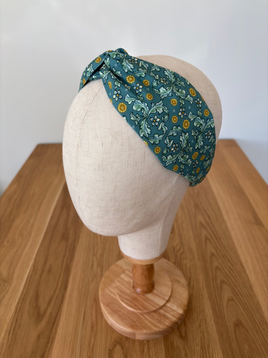 Cotton headband, twist knot style hairband in green and yellow floral print