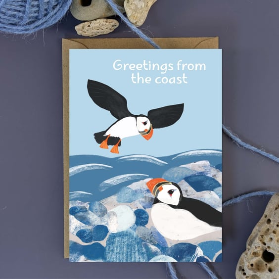 Note Hello Greeting card - puffin coastal blank inside