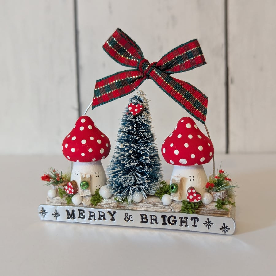 Merry and Bright Toadstool Cottages - Handmade Wooden Christmas Decoration 