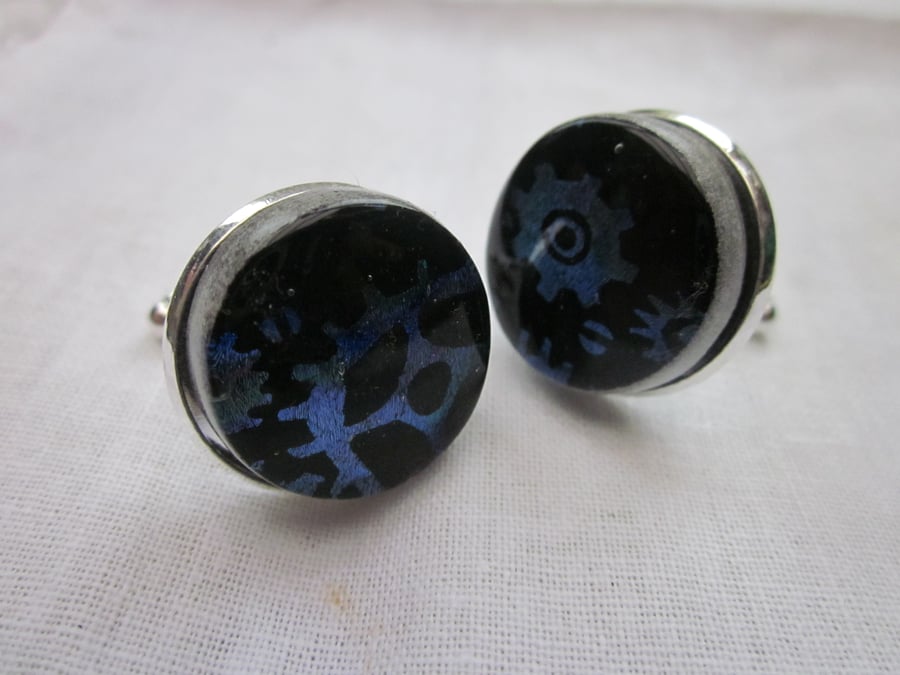 Handmade glass chunky cufflinks - Purple Steampunk inset