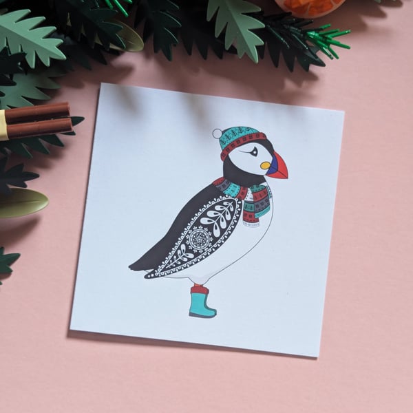 Winter Puffin Festive Christmas Greetings Card