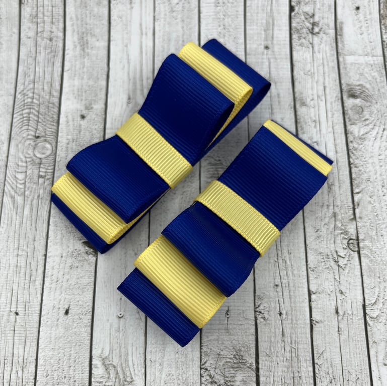 Cobalt Blue and Pale Yellow 3 inch Straight Bows on Clips (pair)