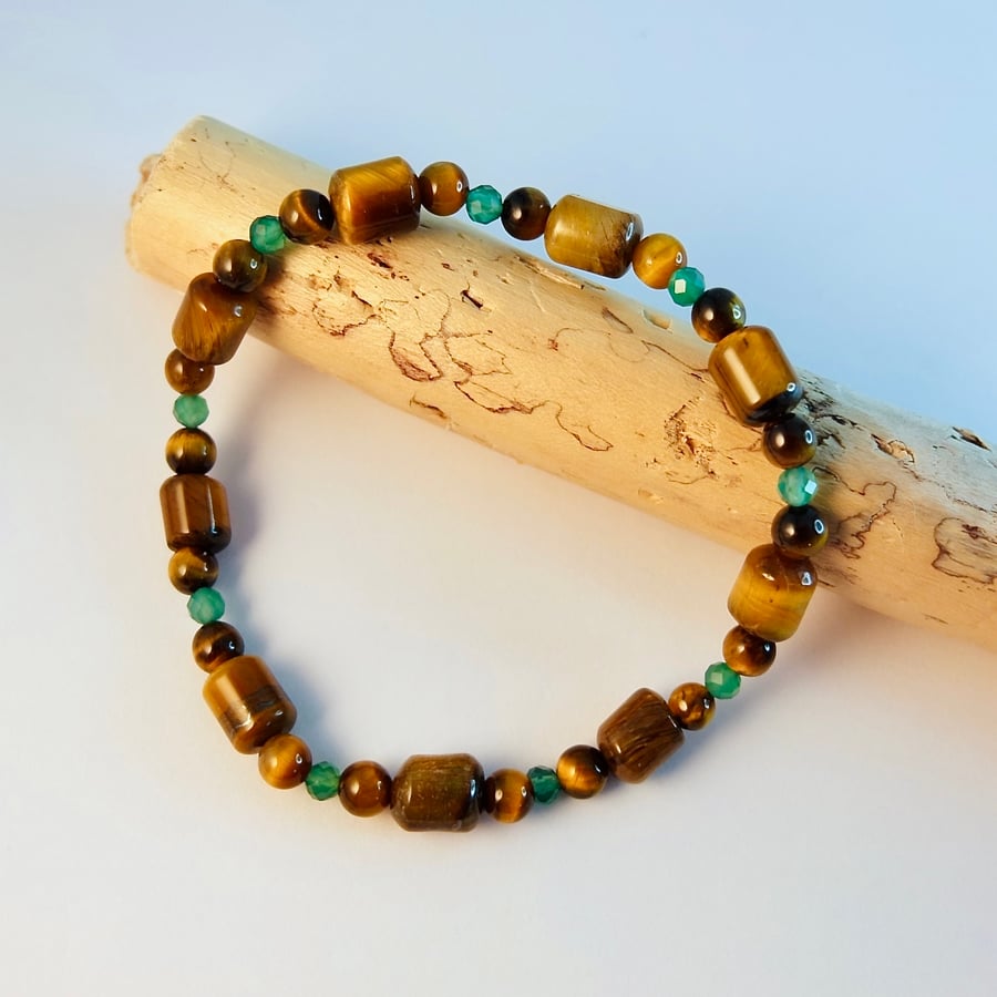 Tiger's Eye Bracelet With Green Onyx - Handmade Gift For Birthday, Anniversary