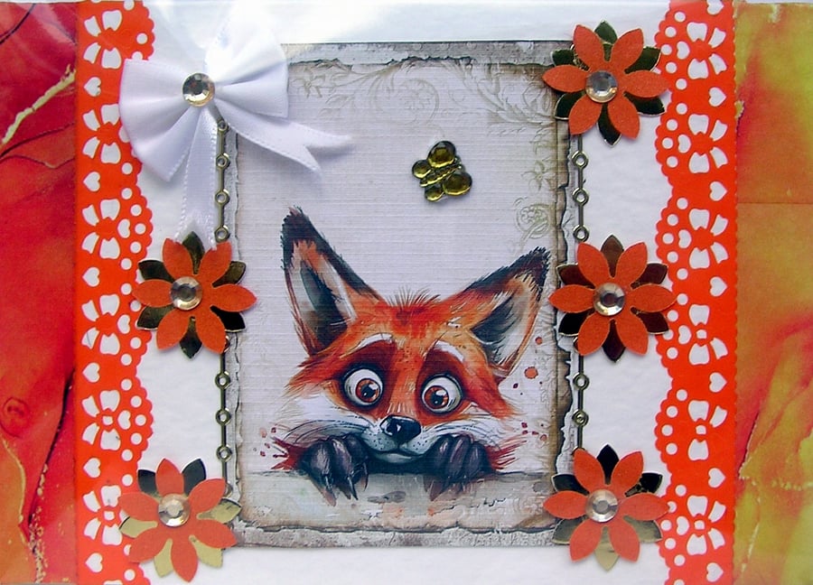 Shy Peeping Fox - Hand Crafted Decoupage Greeting Card - Blank - 2867