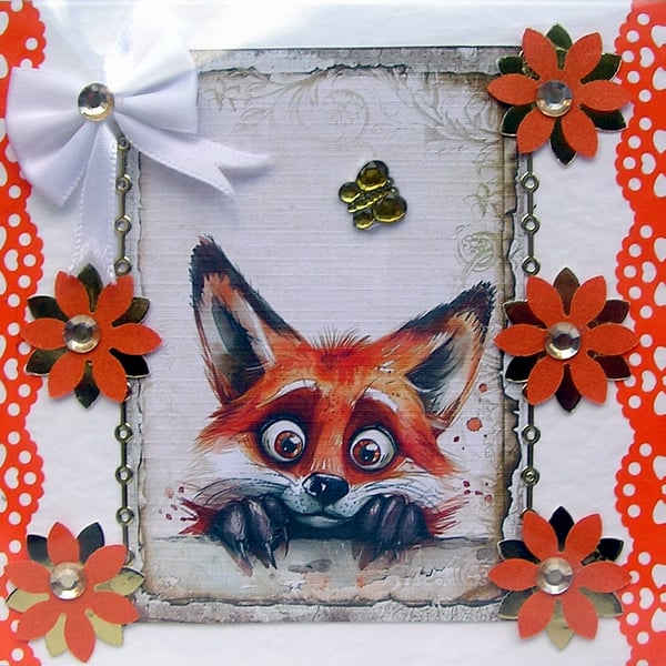 Shy Peeping Fox - Hand Crafted Decoupage Greeting Card - Blank - 2867