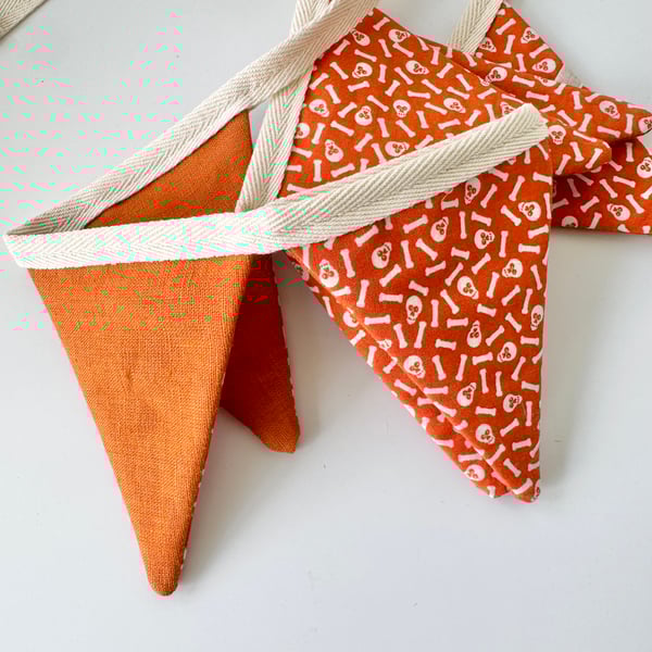 SKULL AND CROSSBONES HALLOWEEN BUNTING - orange cotton and burnt orange linen