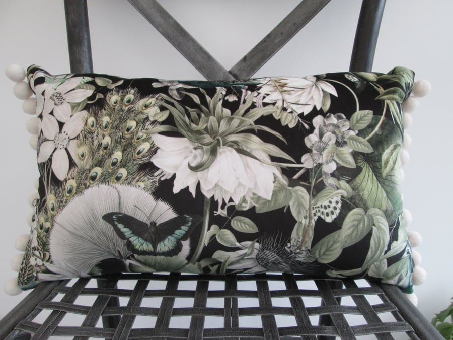 Printed Velour Cushion with Cream Pom poms