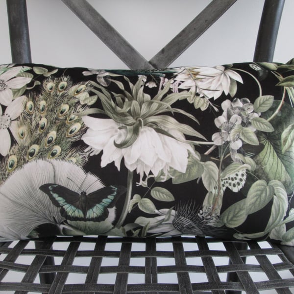 Printed Velour Cushion with Cream Pom poms