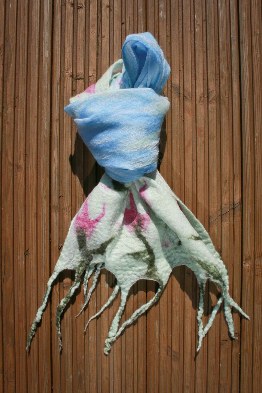Mint Green Scarf Shawl Wrap Spring Gift Silk and Wool Felted Nuno Pink Flowers 