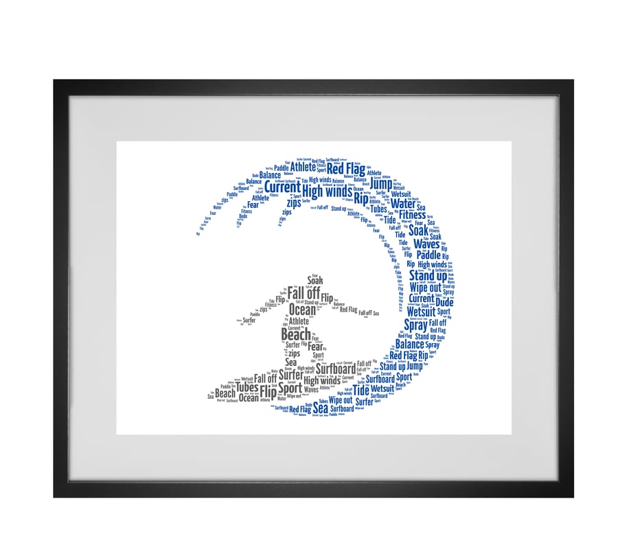 Personalised Surfer Surfing Wave Design Word Art Gifts 