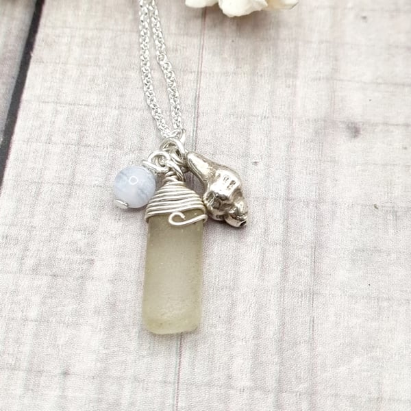 Real shells coated in silver with sea glass and blue lace agate bead