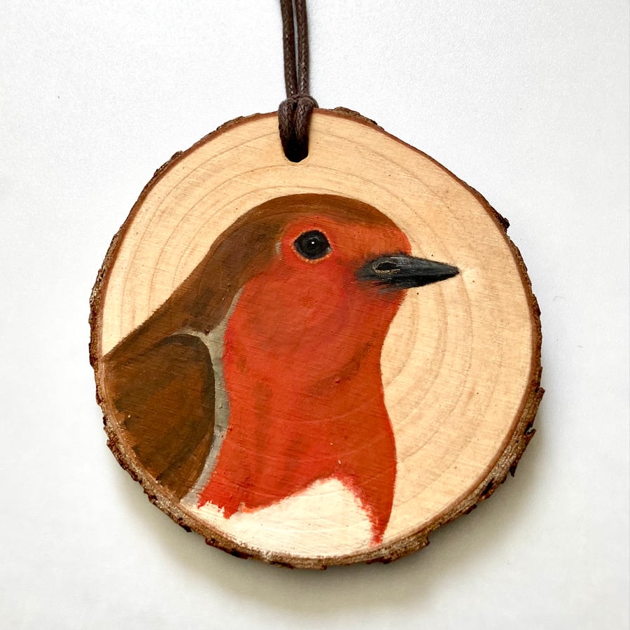 Robin hand painted wood slice decoration 