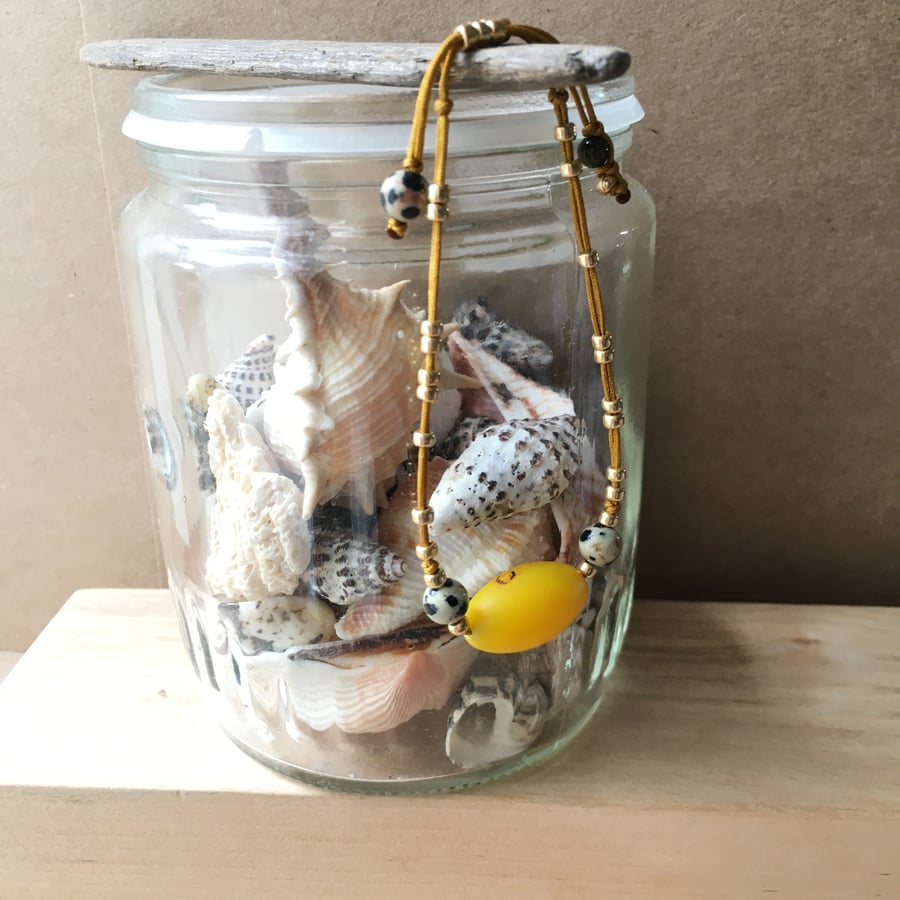 Upcycled mustard colour stone bead and jasper stone beads adjustable bracelet