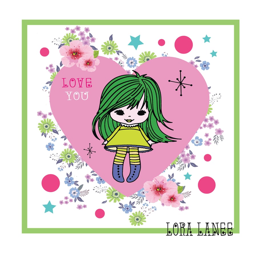 Love You Cute Cotton Hankie, retro handkerchief