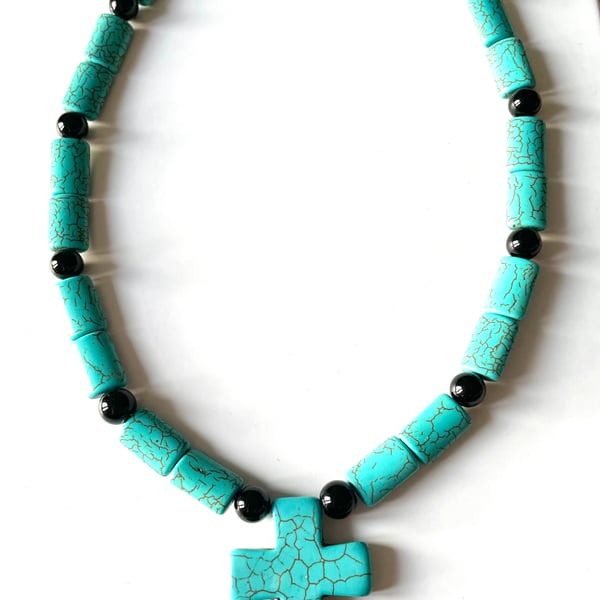Turquoise Cross Pendant and Earrings Set