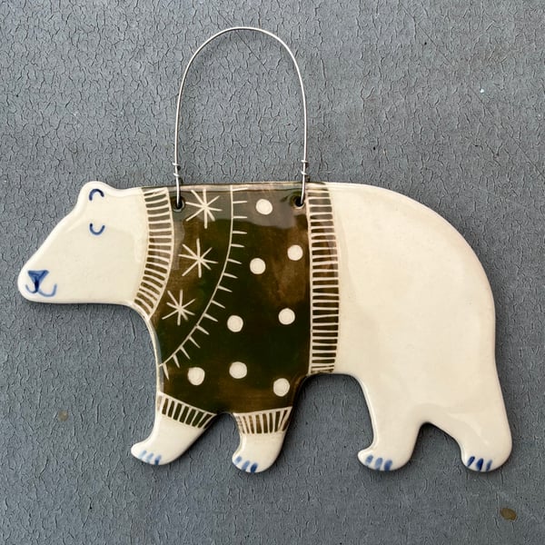 Ceramic Polar Bear with green jumper  Decoration
