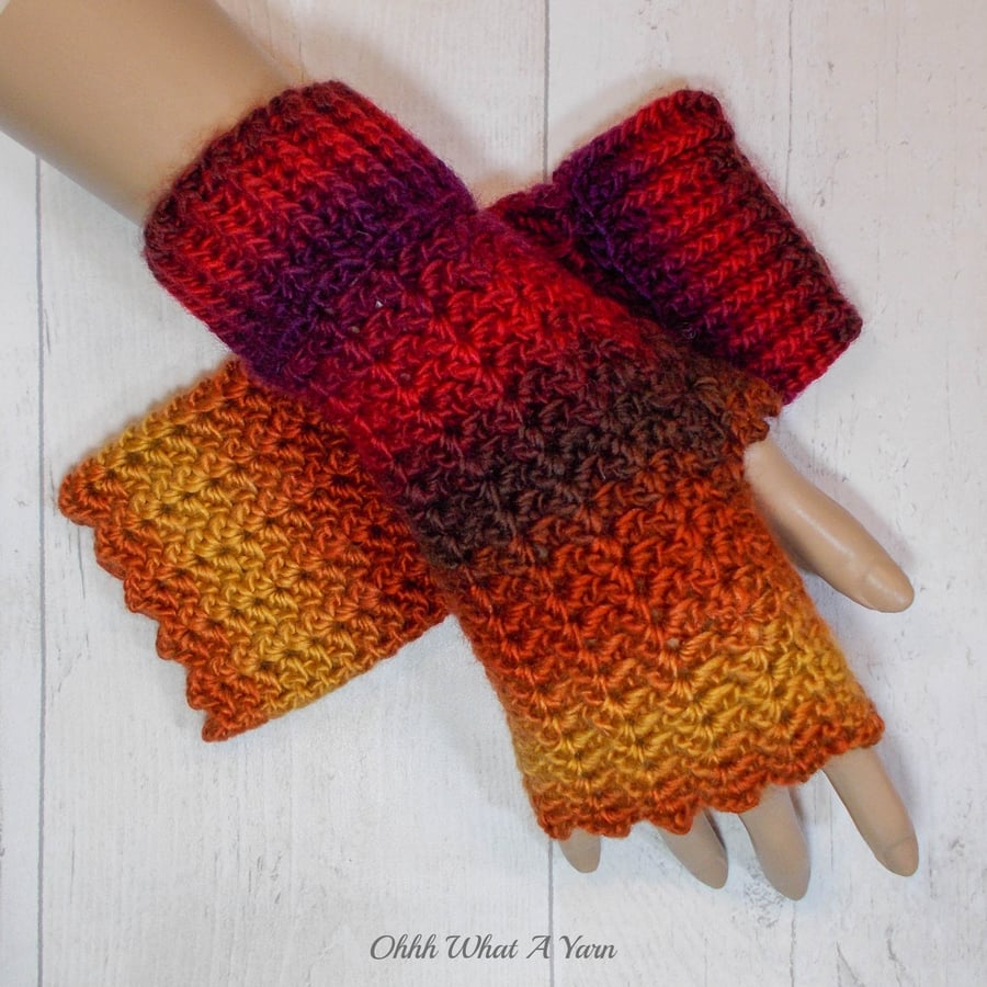 Sunset colours ladies crochet gloves, finger less gloves.  Fingerless mitts. 