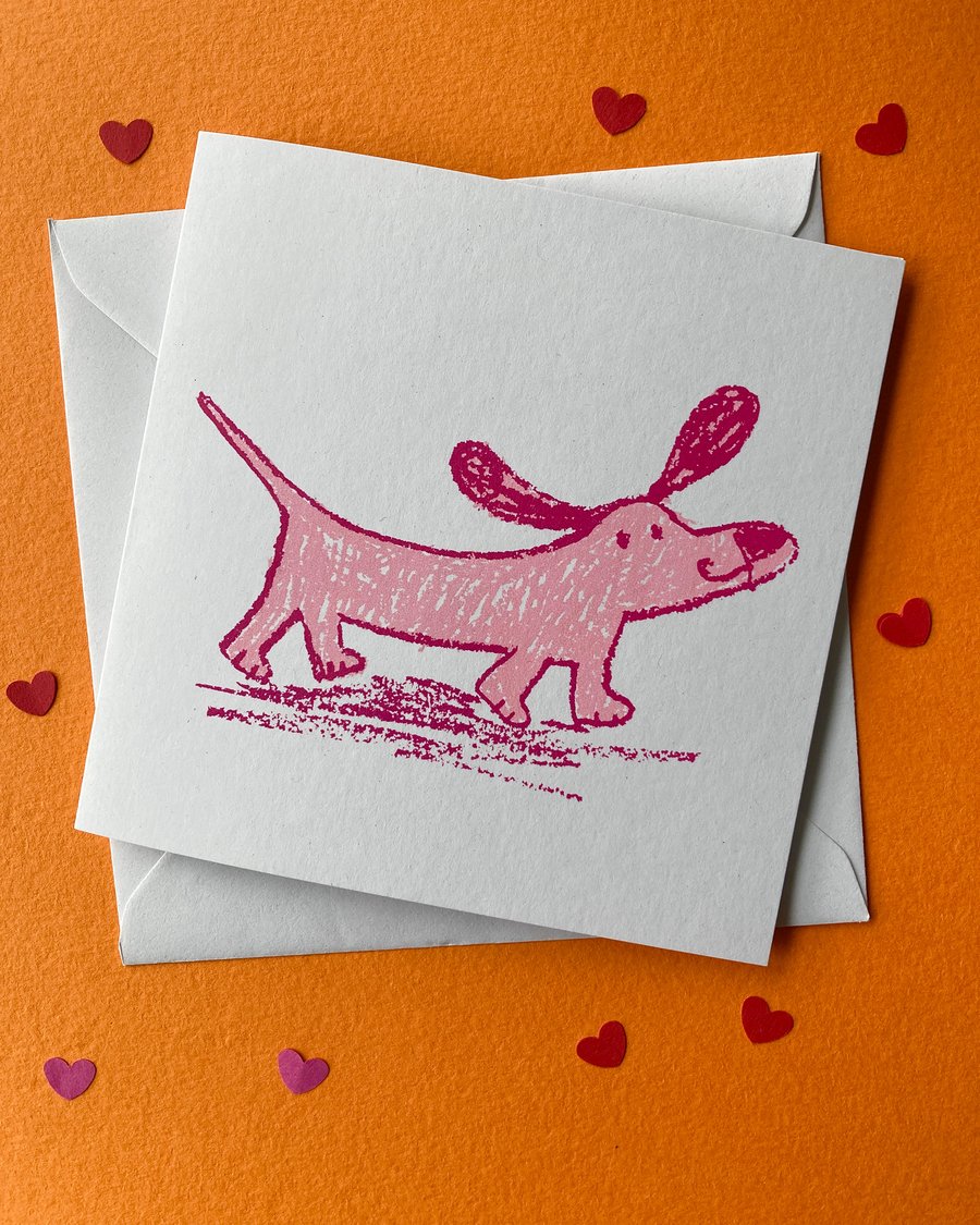 screen print pink sausage dog square card by Jo Brown