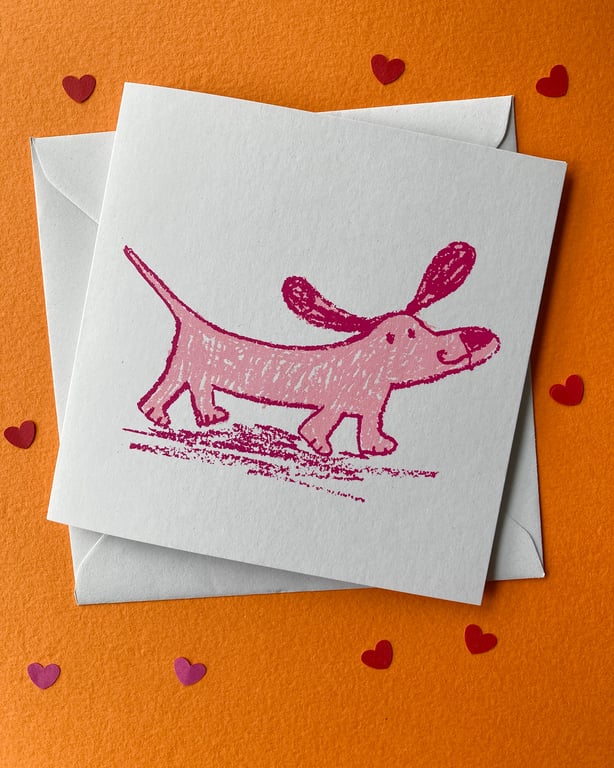 screen print pink sausage dog square card by Jo Brown