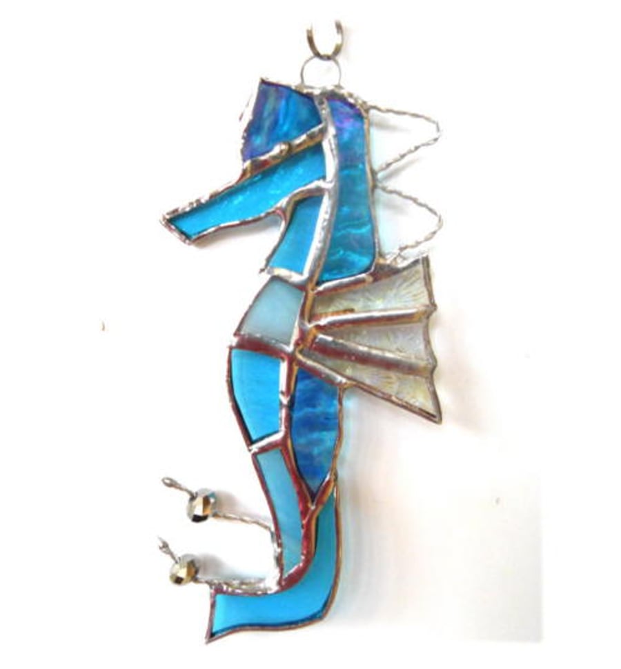 Seahorse Stained Glass Suncatcher Aqua Handmade 031