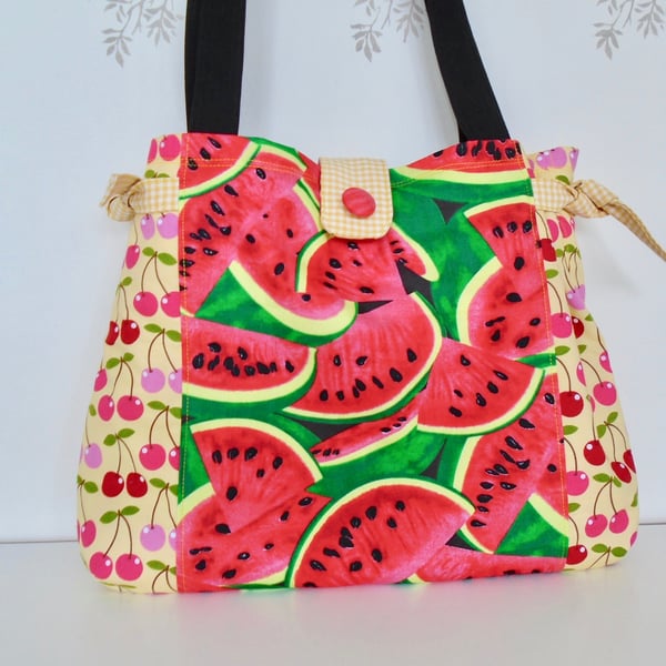  CLEARANCE SALE.  Cotton Tote with side Ties - Fruity Tote Bag 