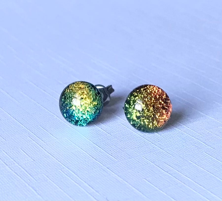 Fused Dichroic Glass Button Earrings
