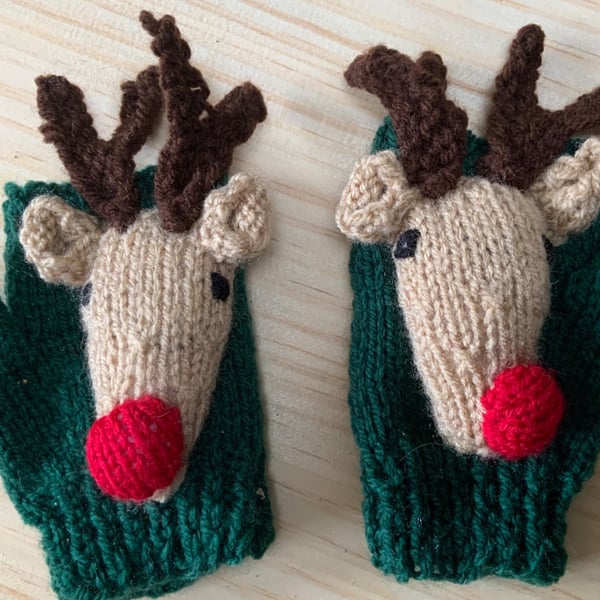 Hand Knitted Child's Red Nosed Reindeer Xmas Fingerless Gloves Approx 5-8 Yrs