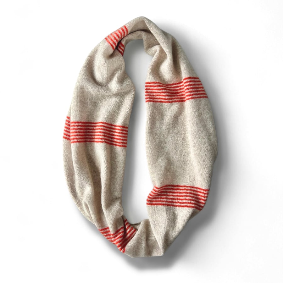 Ecru Infinity Scarf with Orange ticking stripe