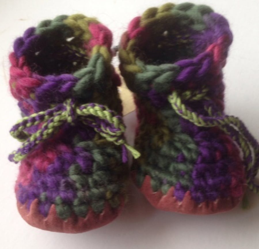 Wool & leather baby boots - purple green pink - Size 1-3