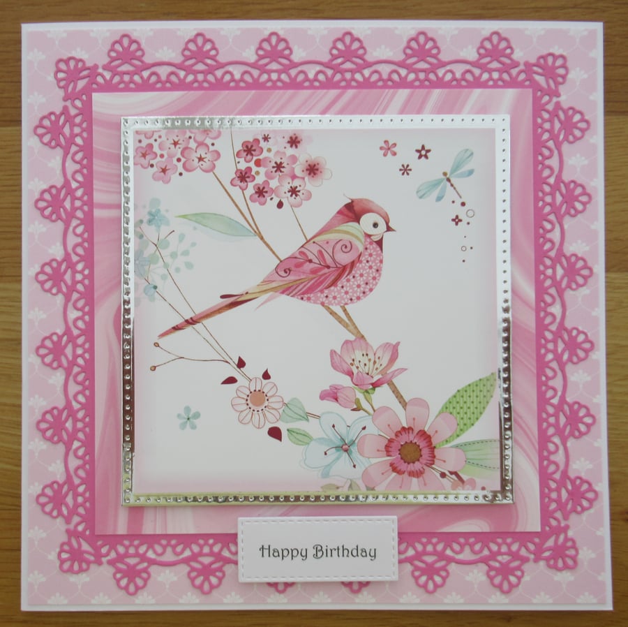 Pink Bird - 8x8" Birthday Card