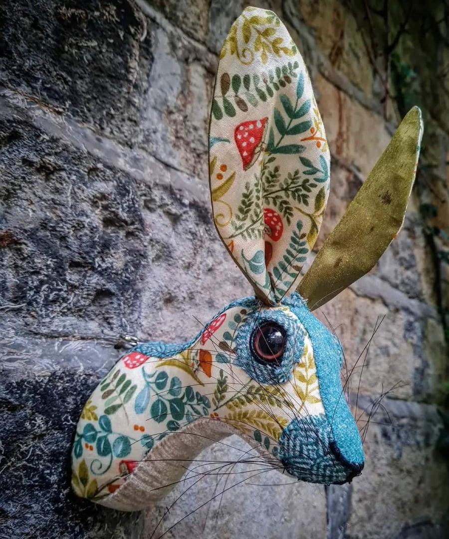 Faux hare head in magucal woodland fabric - Miss Hecate by Crafted Creatures