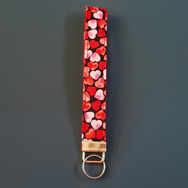 Handmade Heart Print Wristlet Keyring - Fabric Keyfob