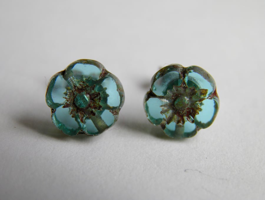 Small Aqua Flower Earrings Sterling Silver Stud Post