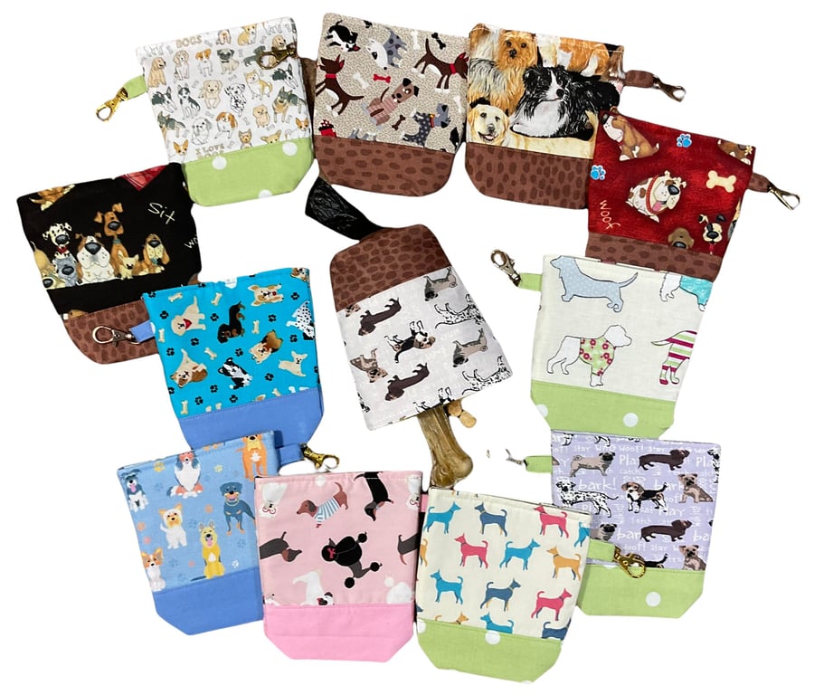 Dog poo bag holder and treat carrier in cute dog prints, clip on poop bag roll p