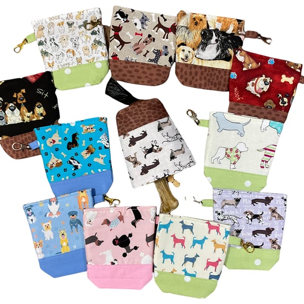 Dog poo bag holder and treat carrier in cute dog prints, clip on poop bag roll p