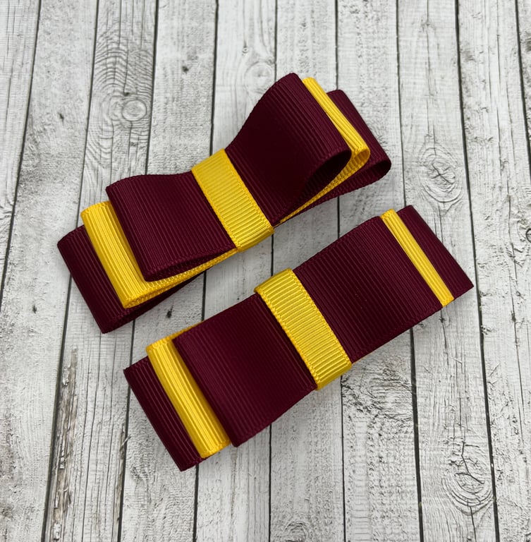 School Wine and Yellow Gold 3 inch Straight Bows on Clips (pair)