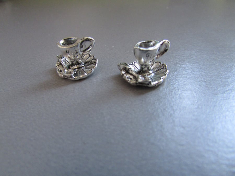 Silver Cup and Saucer with teaspoon Tibetan Jewellery Charm x 2