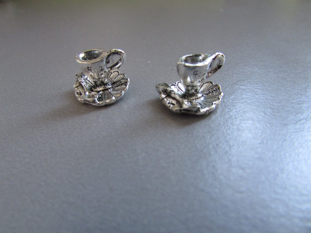 Silver Cup and Saucer with teaspoon Tibetan Jewellery Charm x 2