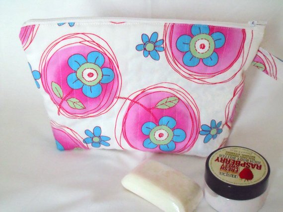 large pink and white zipped make up pouch, pencil case or toiletries bag