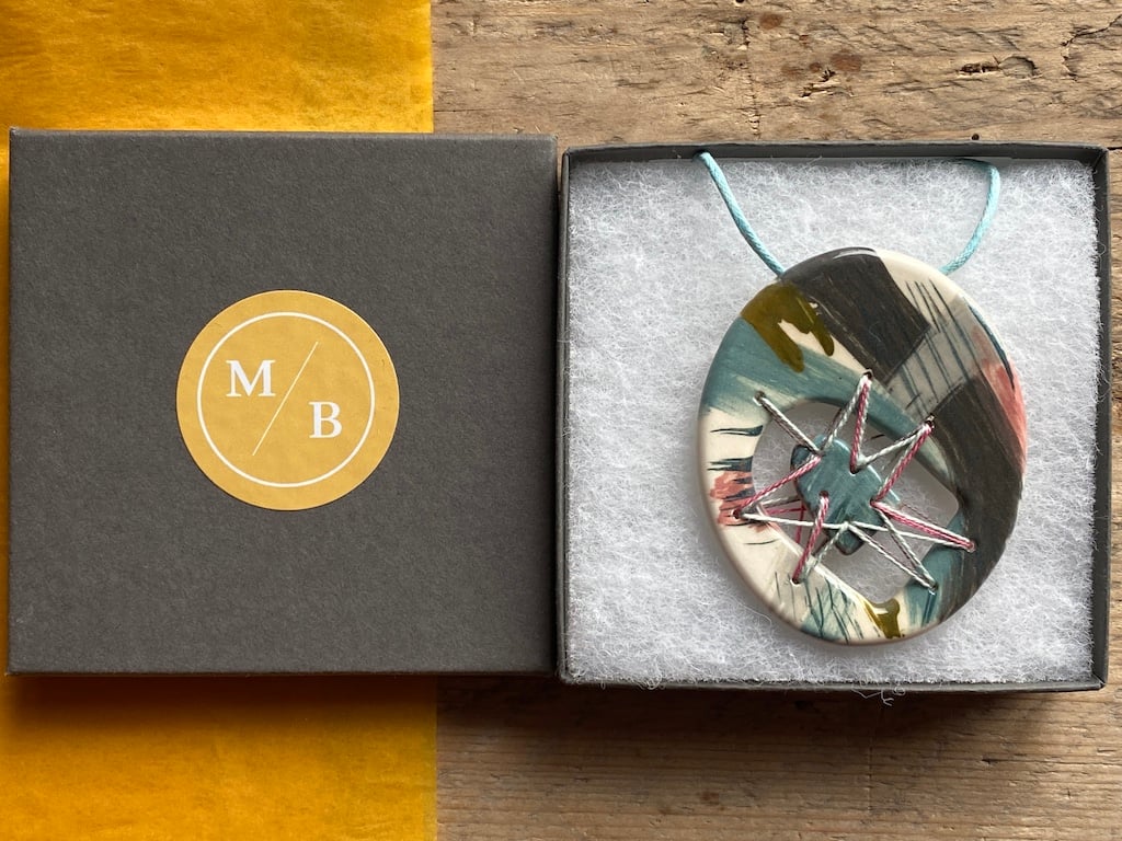 Pendant Necklace handmade ceramic statement piece with Stitched Fragment