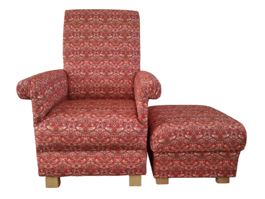 William Morris Strawberry Thief Crimson Red Fabric Adult Chair & Footstool Birds
