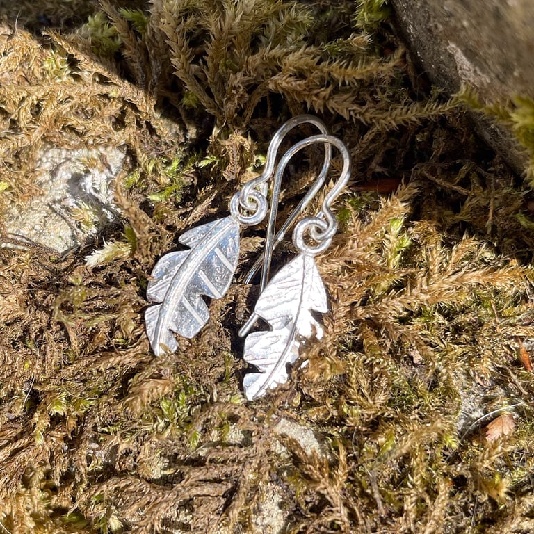 Small handmade silver feather earrings oxidised or bright finish