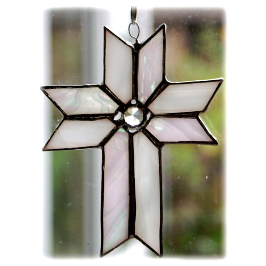 SOLD  Cross Suncatcher Stained Glass Handmade White Crystal 