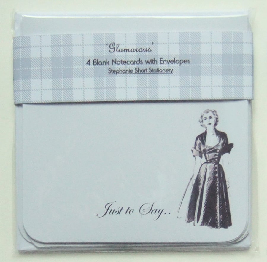 Notecards, Set of Four 'Glamorous Illustration' Blank Notecards with Envelopes