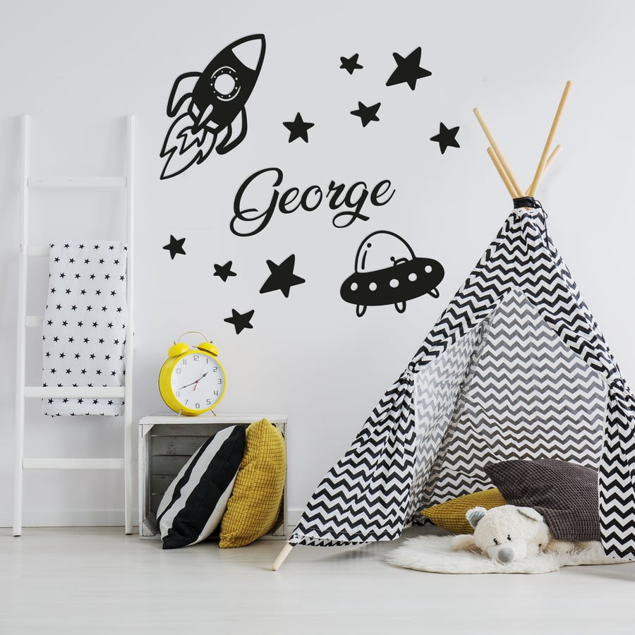 Personalised Spaceships & Name Wall Sticker: Custom Space-Themed Kids Room Decor