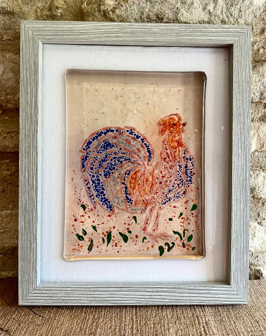 A fused glass little red rooster