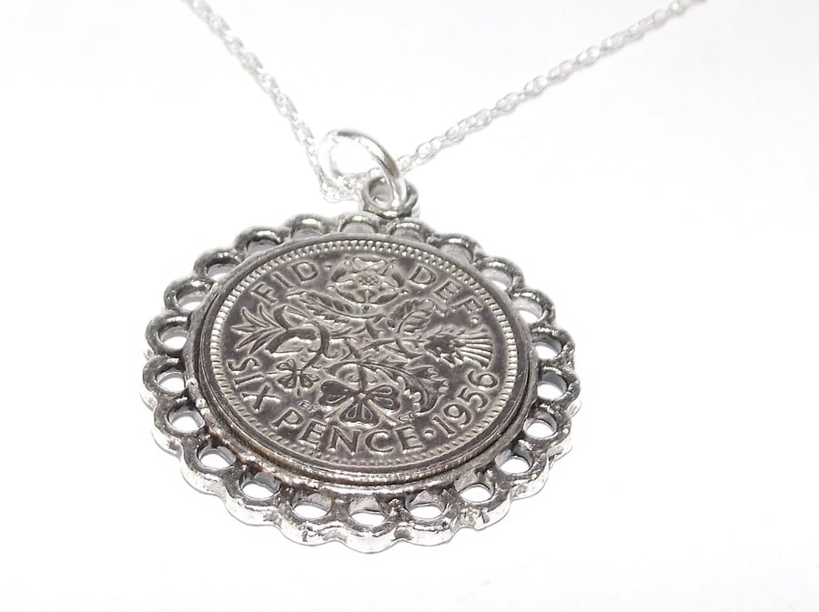 Fine Pendant 1956 Lucky sixpence 70th Birthday plus Sterling Silver 18in Chain