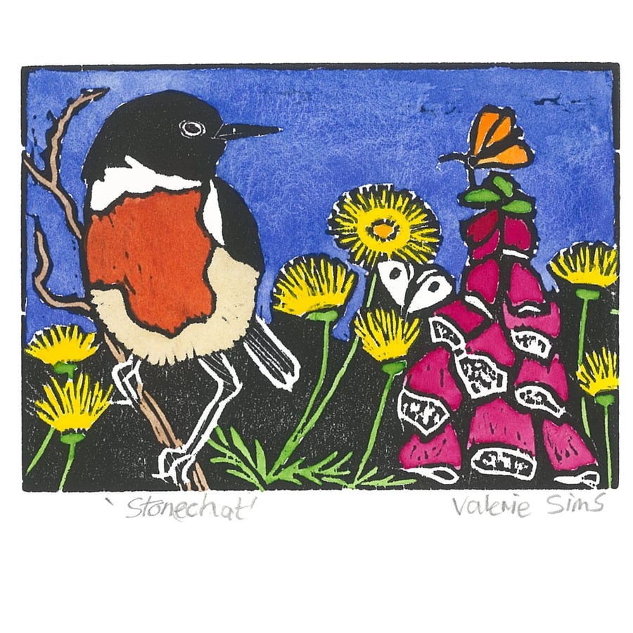 Stonechat - Woodcut Print - Original Art for Wildlife and Bird Lovers